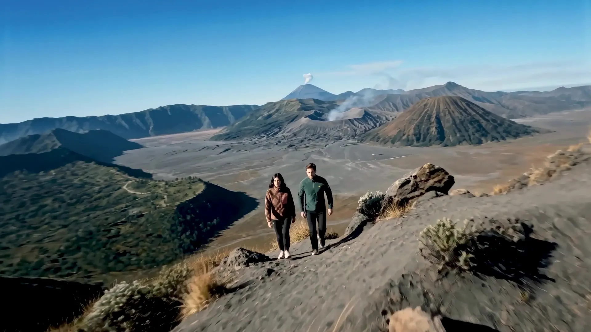AI-generated campaign film for a footwear brand: a couple hiking volcanic ridges