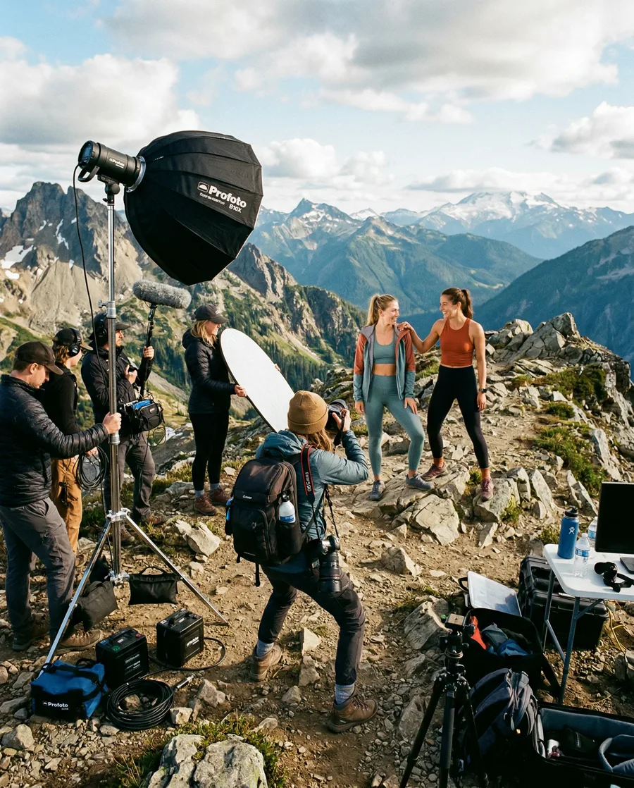 Backstage of an outdoor fashion shoot